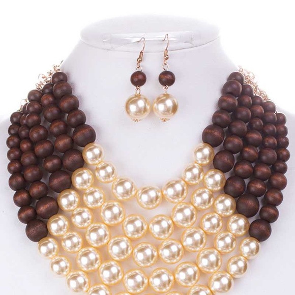 Color Block Pearl Chunky Necklace And Earring Set - Picture 4 of 9